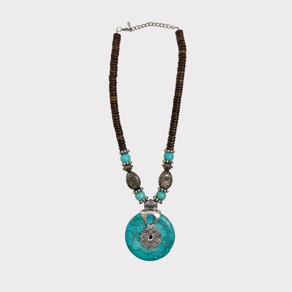 Turquoise and Silver Wood Bead Pendant Necklace - Picture 1 of 6